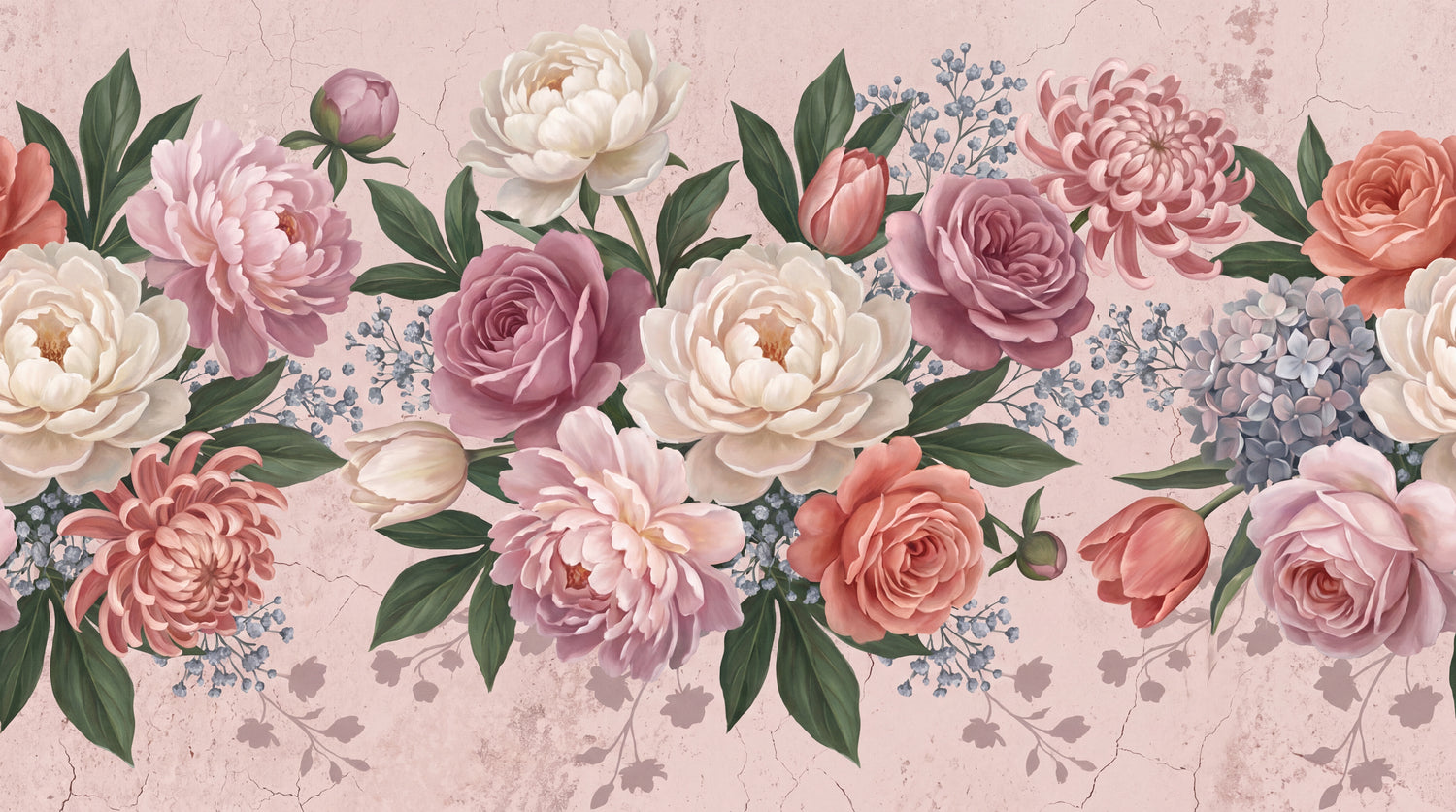 Porcelain Bouquet Pink Flower Wallpaper - Light Pink Rose Floral Vintage Peel and Stick Wall Mural - Design