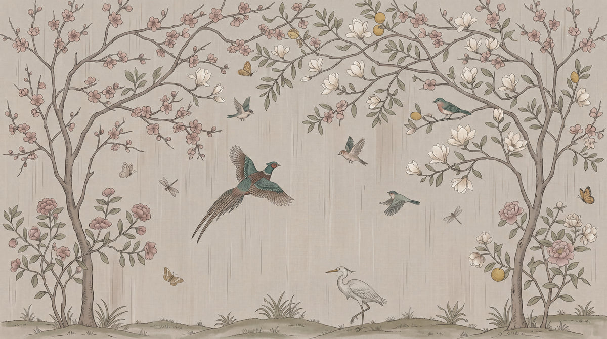 Porcelain Orchard Beige Chinoiserie Wallpaper - Vintage Botanical Magnolia Japanese Wall Mural - Design