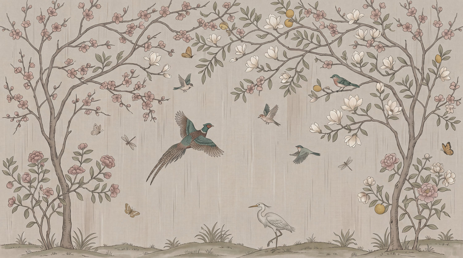 Porcelain Orchard Beige Chinoiserie Wallpaper - Vintage Botanical Magnolia Japanese Wall Mural - Design