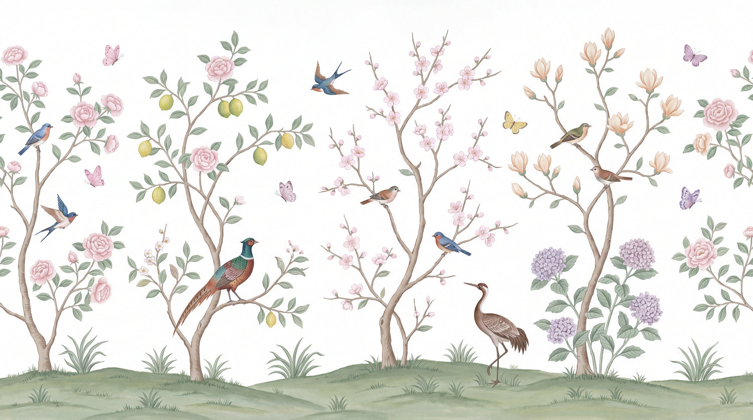 Porcelain Orchard Pink Chinoiserie Wallpaper - Botanical Japanese Animal Leaf Wall Mural Peel and Stick - Design