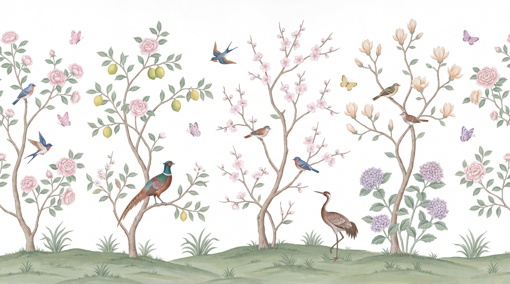 Porcelain Orchard Pink Chinoiserie Wallpaper - Botanical Japanese Animal Leaf Wall Mural Peel and Stick - Design