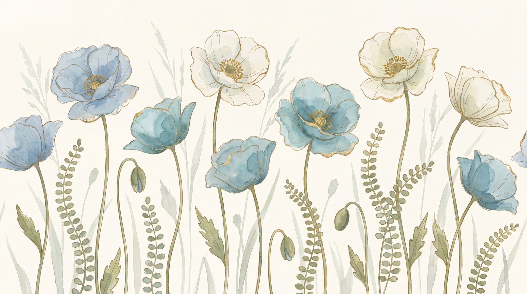Powder Poppies Blue Floral Wallpaper - Light Blue and White Flower Wall Mural Peel and Stick - Design
