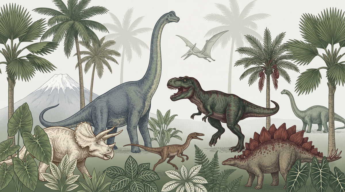 Prehistoric Canopy Green Dinosaur Wallpaper for Kids - Tropical Jungle Palm Tree Botanical Peel and Stick Mural - Design