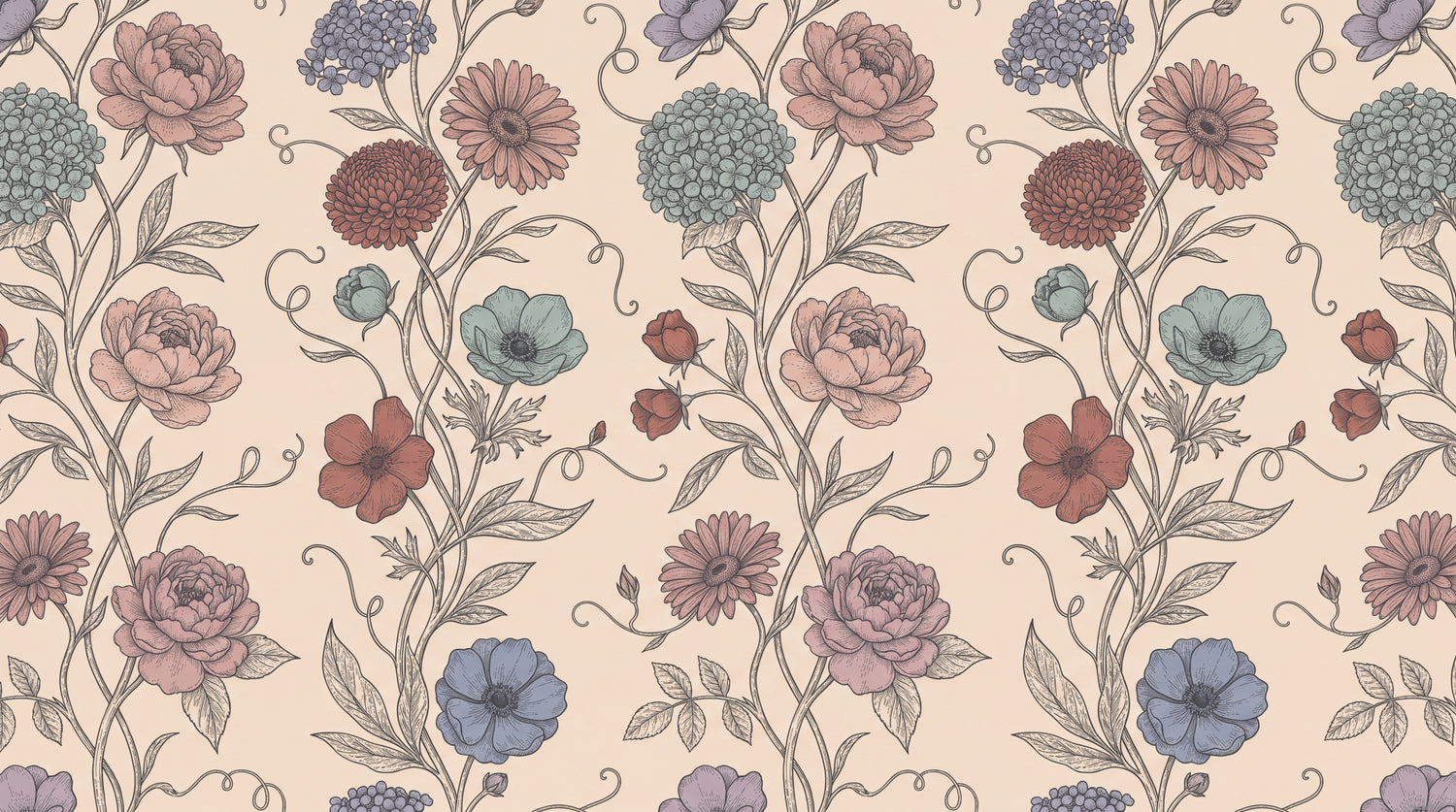 Pressed Anemone Sonnet - Beige Floral Wallpaper Vintage Botanical Wall Mural Peel and Stick - Design
