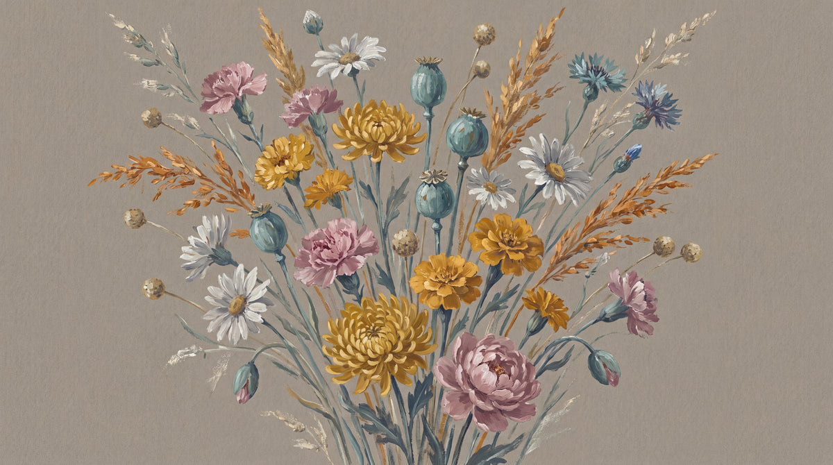 Pressed Wildflower Study Beige Floral Wallpaper - Vintage Botanical Daisy Flower Peel and Stick Mural - Design