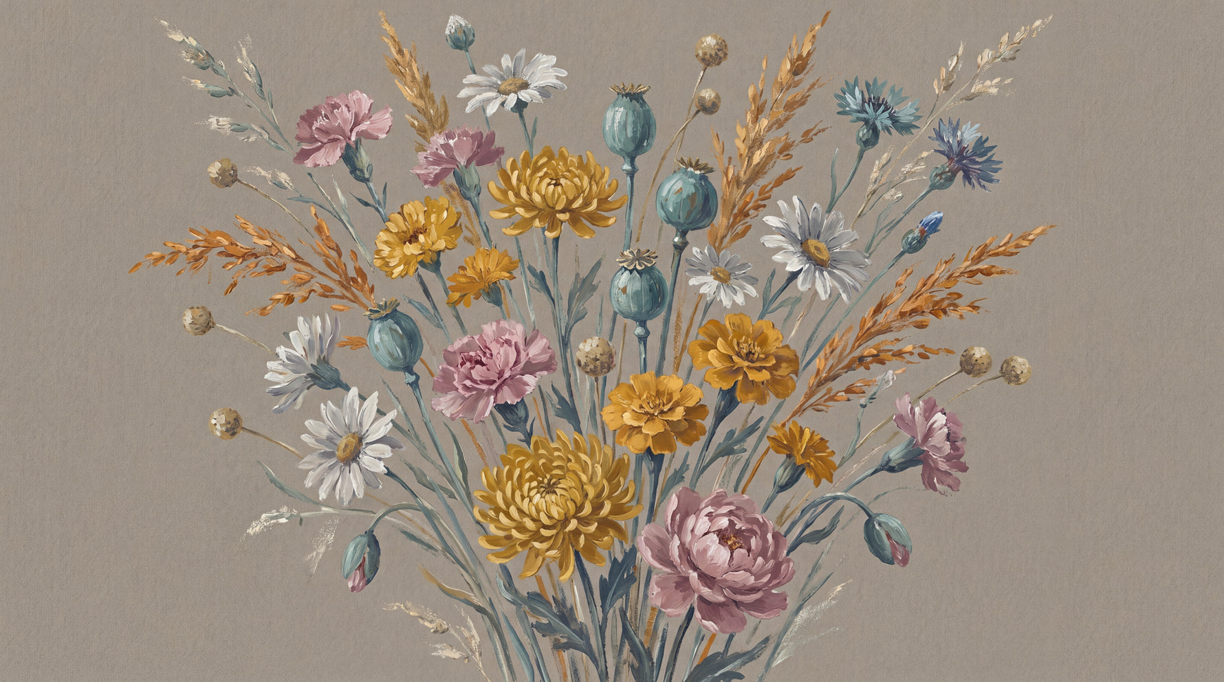 Pressed Wildflower Study Beige Floral Wallpaper - Vintage Botanical Daisy Flower Peel and Stick Mural - Design