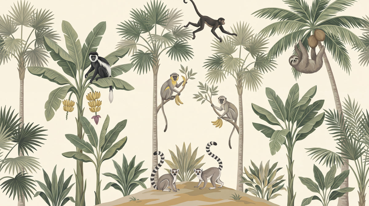 Primate Sonata Green Monkey Wallpaper - Sage Botanical Greenery Leaf Wall Mural - Design