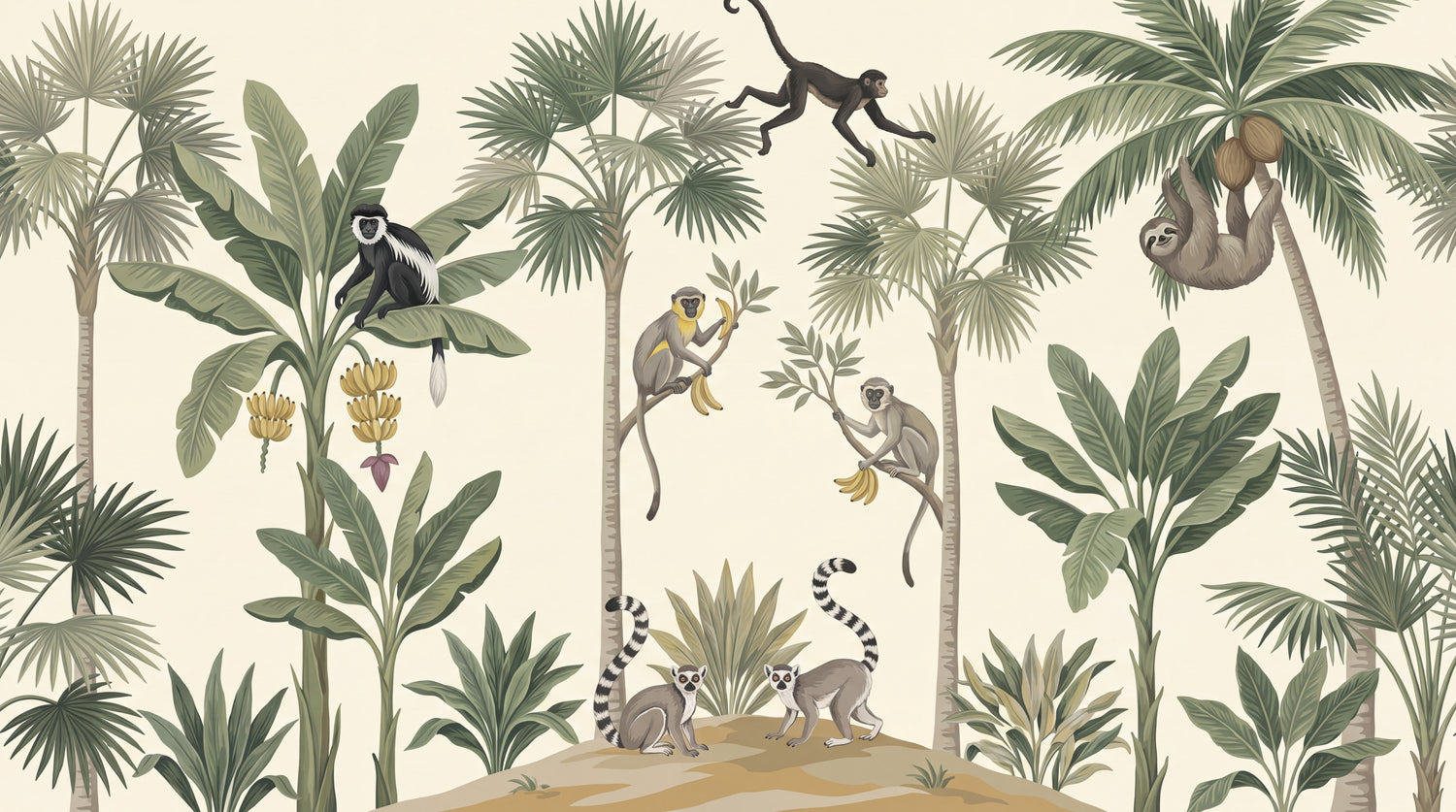Primate Sonata Green Monkey Wallpaper - Sage Botanical Greenery Leaf Wall Mural - Design