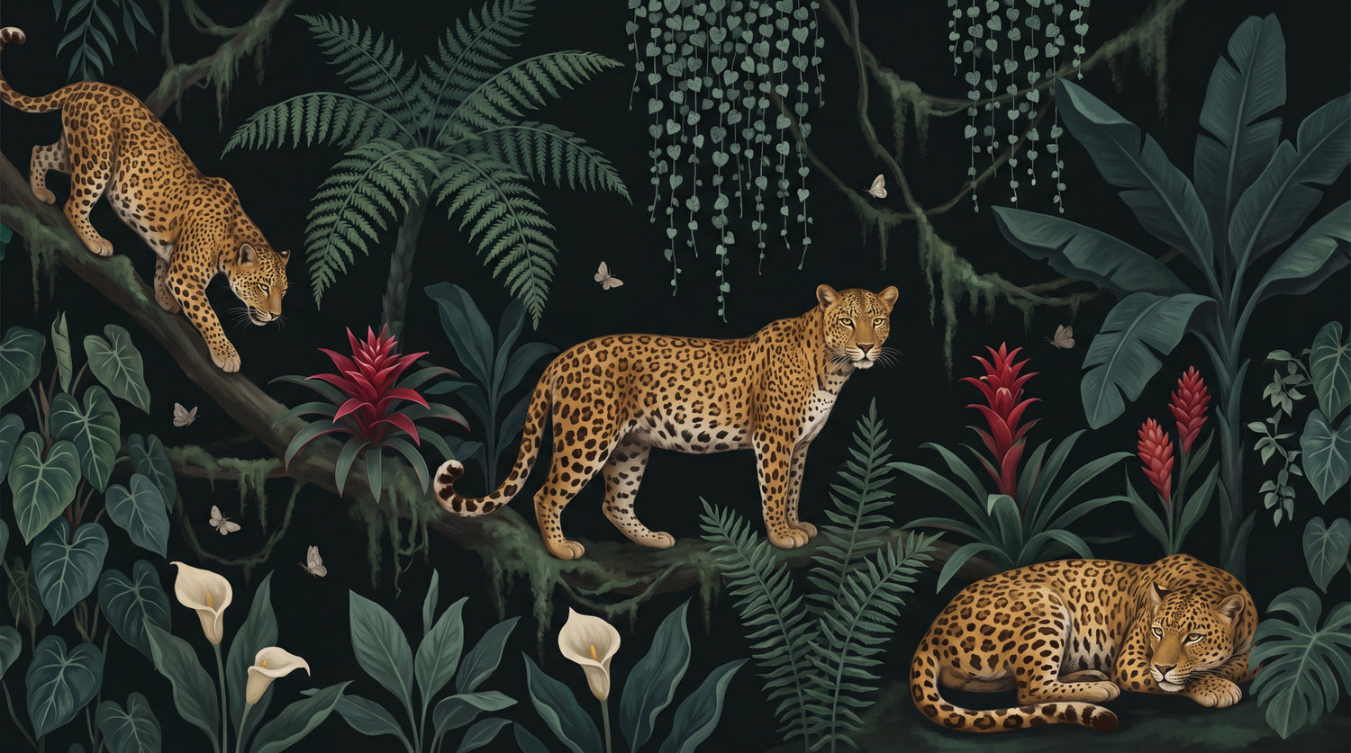 Prowling Shadows Dark Jungle Wallpaper - Tropical Botanical Leaf Greenery Wall Mural - Design