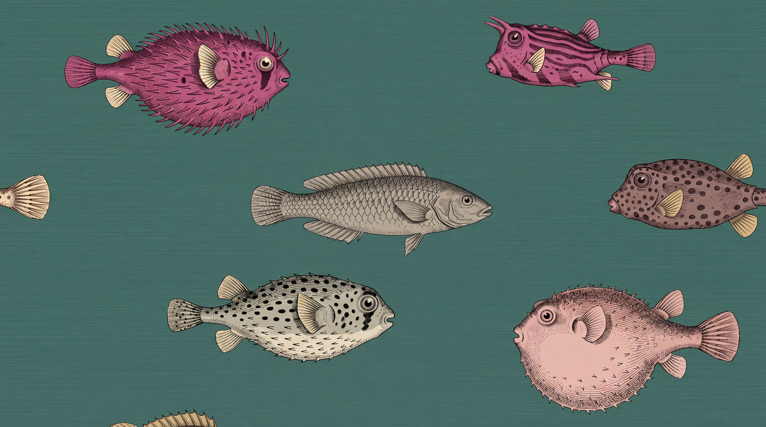 Pufferfish Parade Green Fish Wallpaper - Teal Animal Wallpaper Peel and Stick - Design
