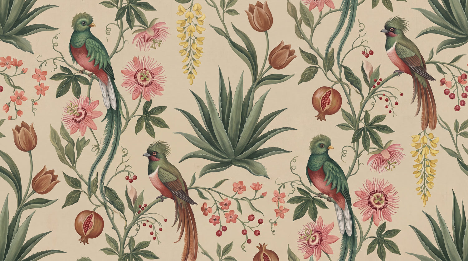 Quetzal Orchard Beige Greenery Wallpaper - Vintage Floral Green Flower Peel and Stick Wall Mural - Design