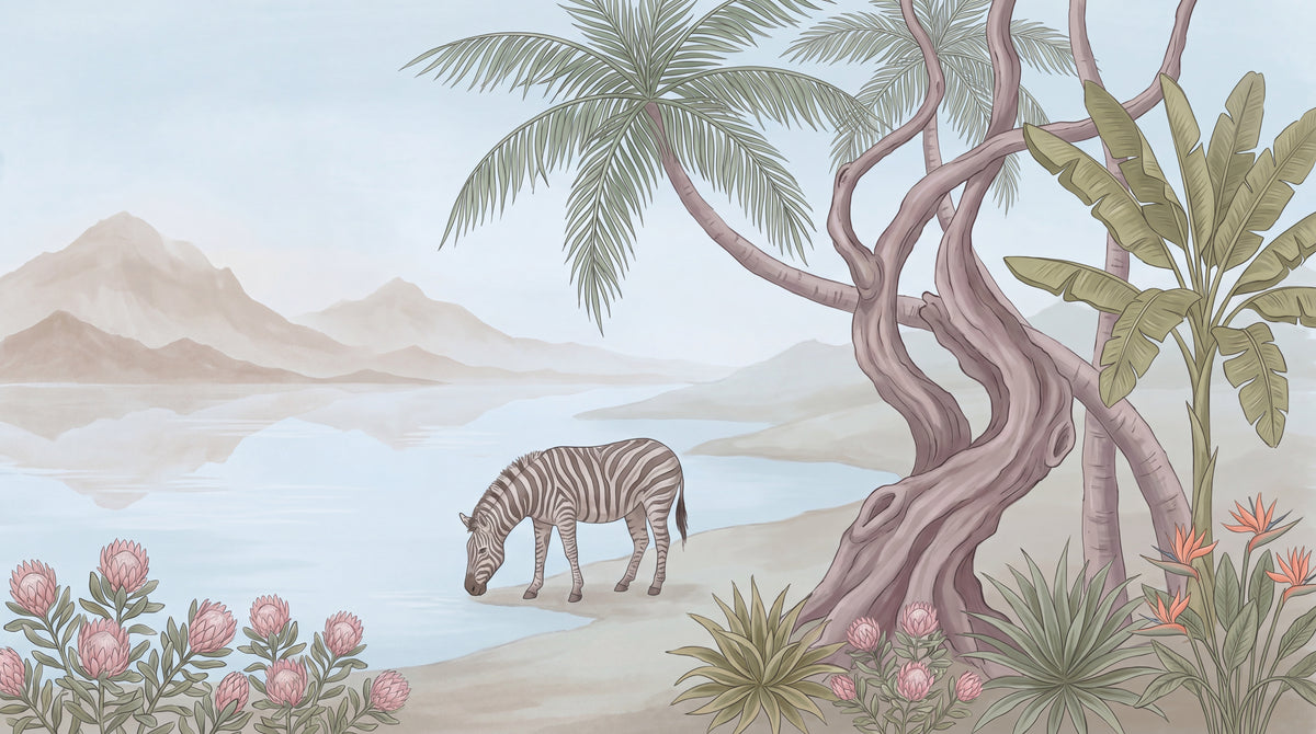 Quiet Watering Pastel Jungle Wallpaper - Tropical Safari Wallpaper Palm Tree Wall Mural - Design