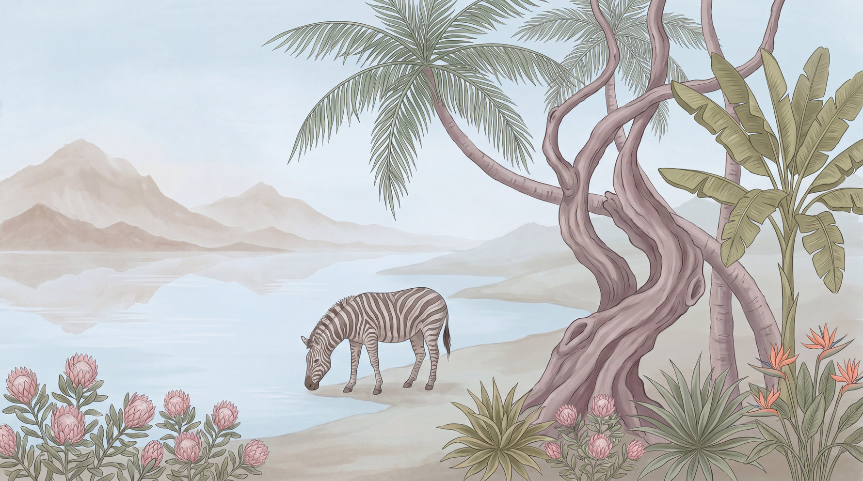 Quiet Watering Pastel Jungle Wallpaper - Tropical Safari Wallpaper Palm Tree Wall Mural - Design
