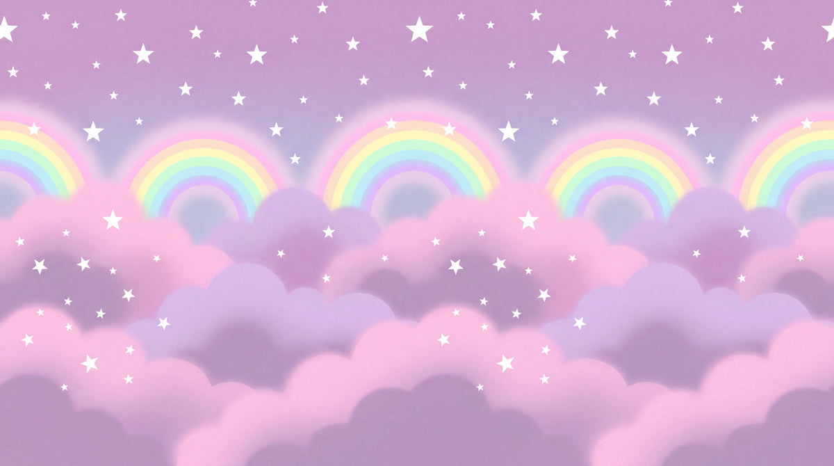 Rainbow Sherbet Wisp Pink Kids Wallpaper for Nursery - Pastel Cloud Sky Starry Night Peel and Stick Wall Mural - Design