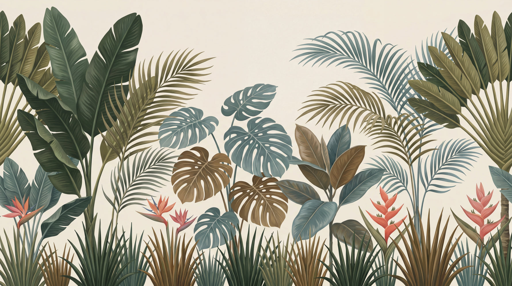 Rainforest Hush Green Jungle Wallpaper - Tropical Botanical Palm Tree Leaf Wall Mural - Design