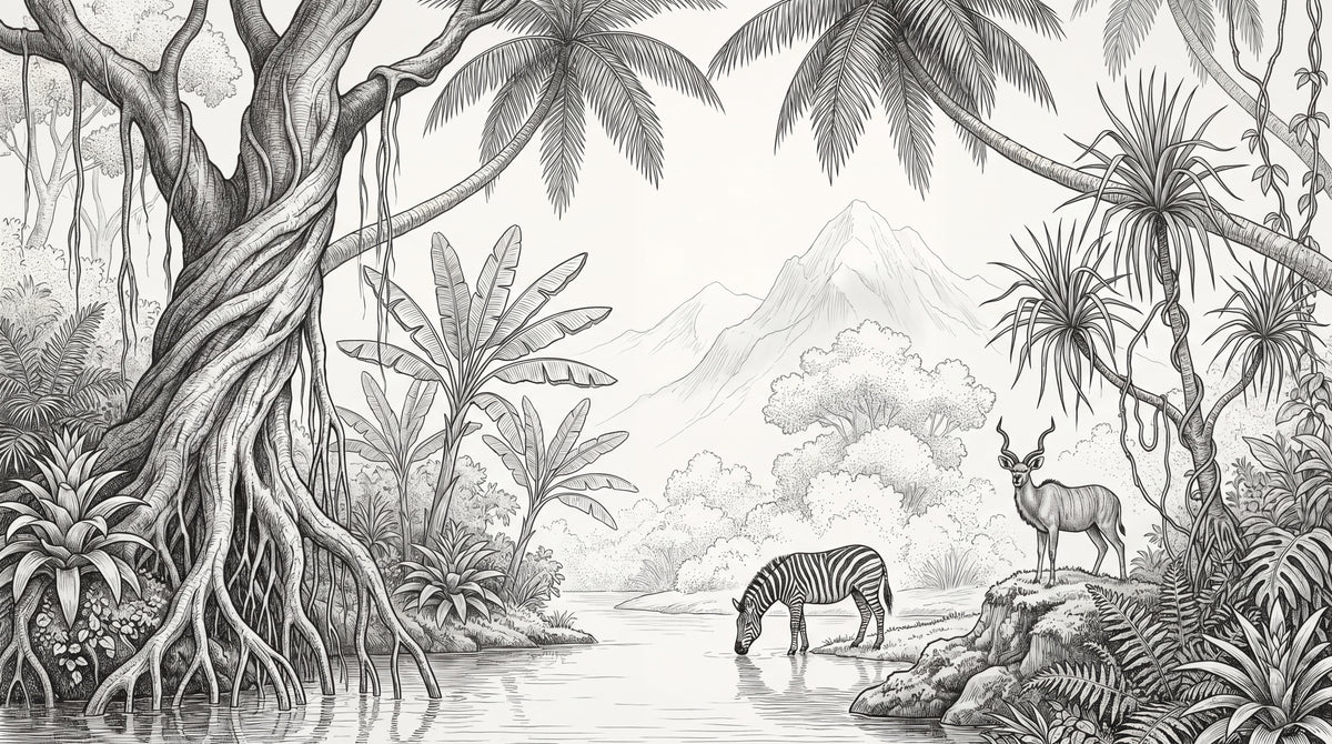 Riverbank Stillness White Jungle Wallpaper - Tropical Safari Palm Tree Mountain Wall Mural Peel and Stick - Design