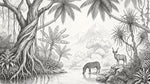 Riverbank Stillness White Jungle Wallpaper - Tropical Safari Palm Tree Mountain Wall Mural Peel and Stick - Design