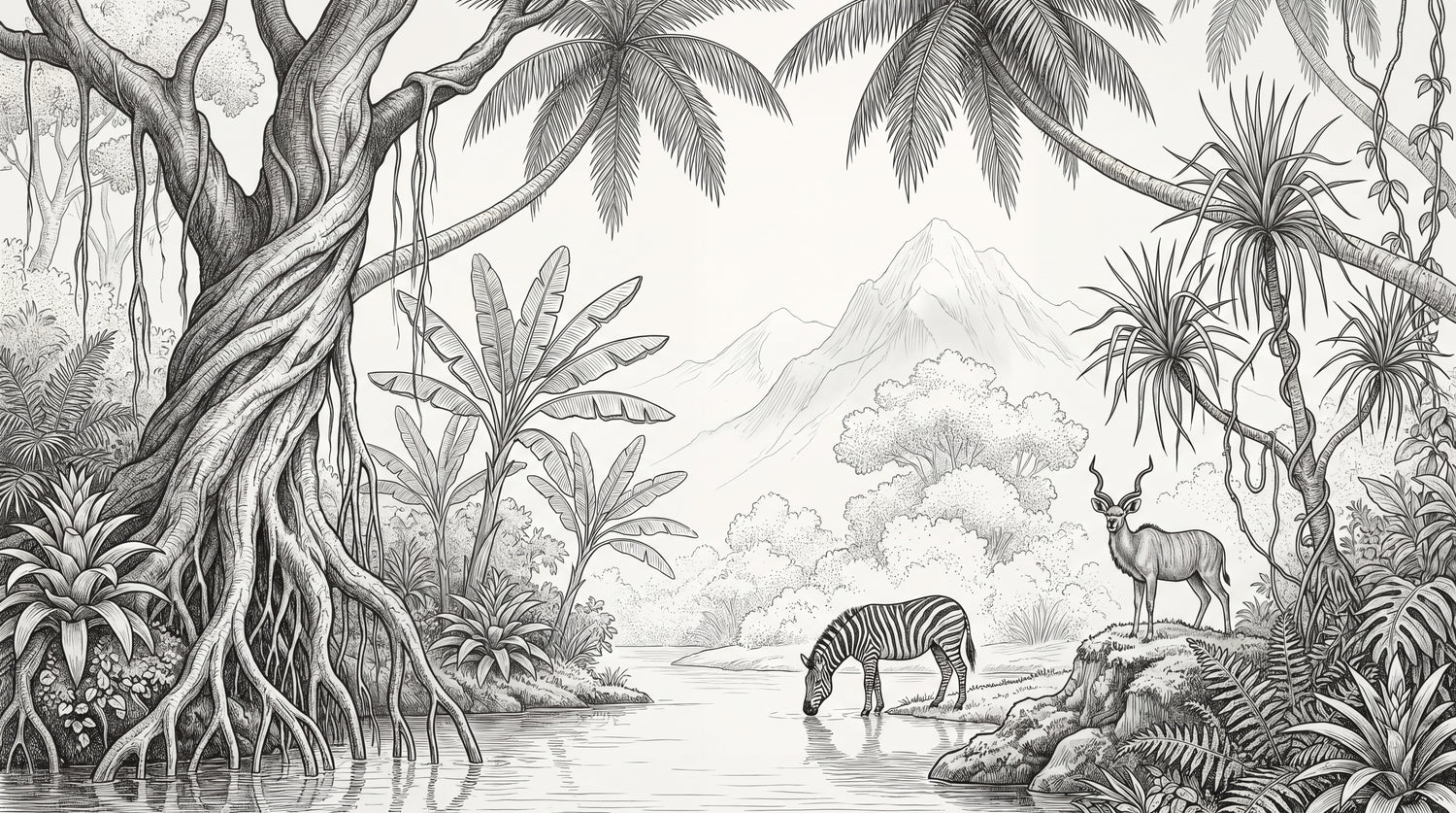 Riverbank Stillness White Jungle Wallpaper - Tropical Safari Palm Tree Mountain Wall Mural Peel and Stick - Design