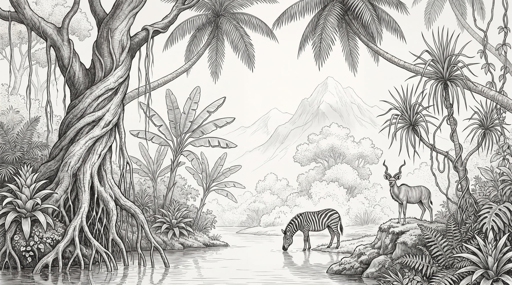 Riverbank Stillness White Jungle Wallpaper - Tropical Safari Palm Tree Mountain Wall Mural Peel and Stick - Design