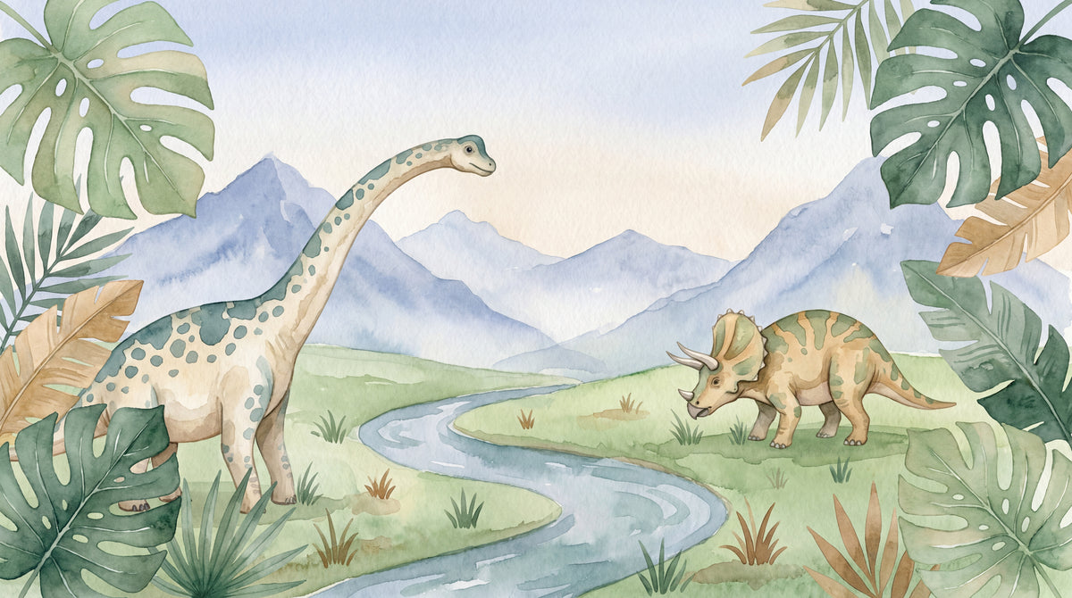 Riverbend Wonders Pastel Dinosaur Wallpaper for Kids - Nursery Landscape Scenery Wall Mural - Design