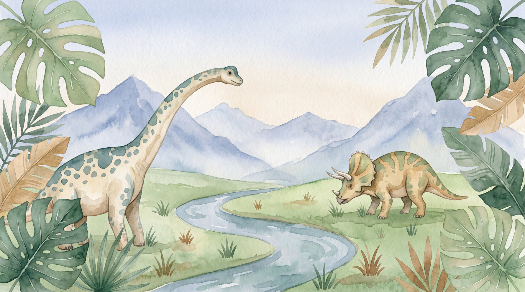 Riverbend Wonders Pastel Dinosaur Wallpaper for Kids - Nursery Landscape Scenery Wall Mural - Design