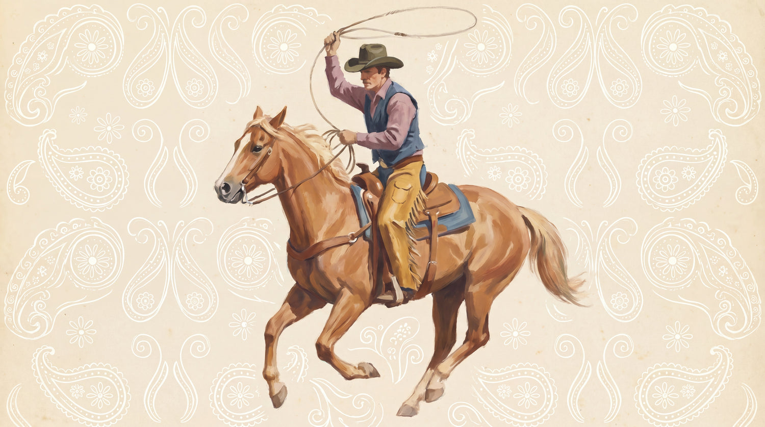 Roper Roundup Beige Horse Wallpaper - Vintage Cowboy Western Wall Mural Peel and Stick - Design