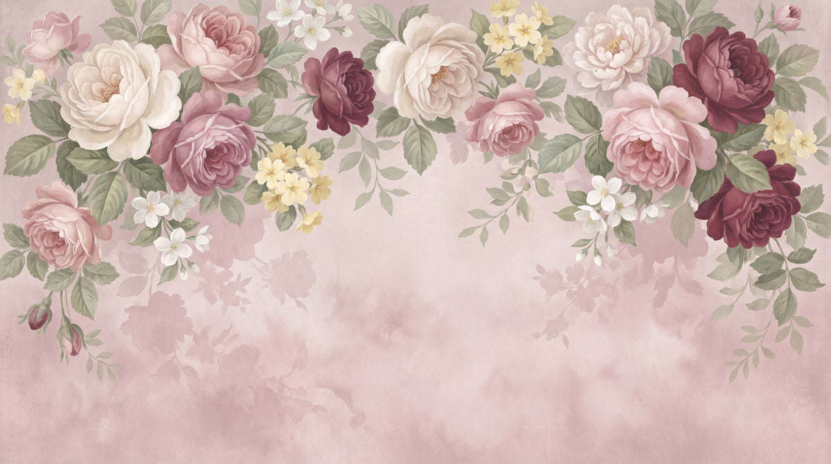Rosefall Cascade Pink Rose Wallpaper - Pink Flower Vintage Floral Wall Mural - Design