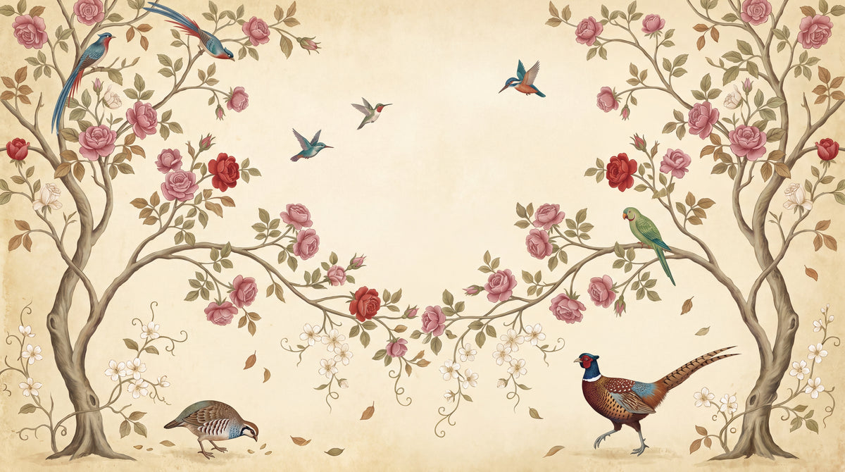 Rosevine Atelier Beige Chinoiserie Wallpaper - Vintage Botanical Birds Peel and Stick Wall Mural - Design