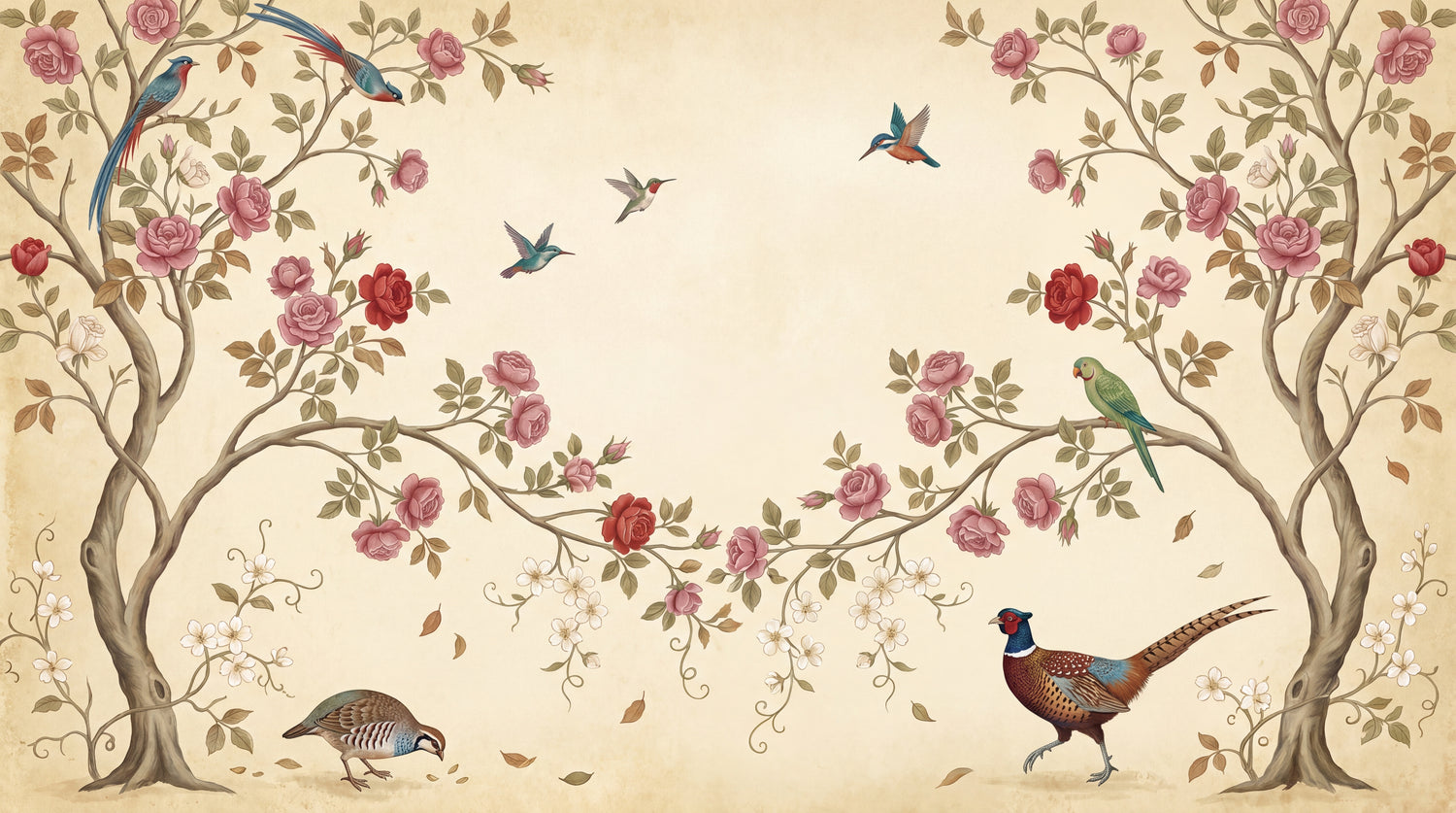 Rosevine Atelier Beige Chinoiserie Wallpaper - Vintage Botanical Birds Peel and Stick Wall Mural - Design