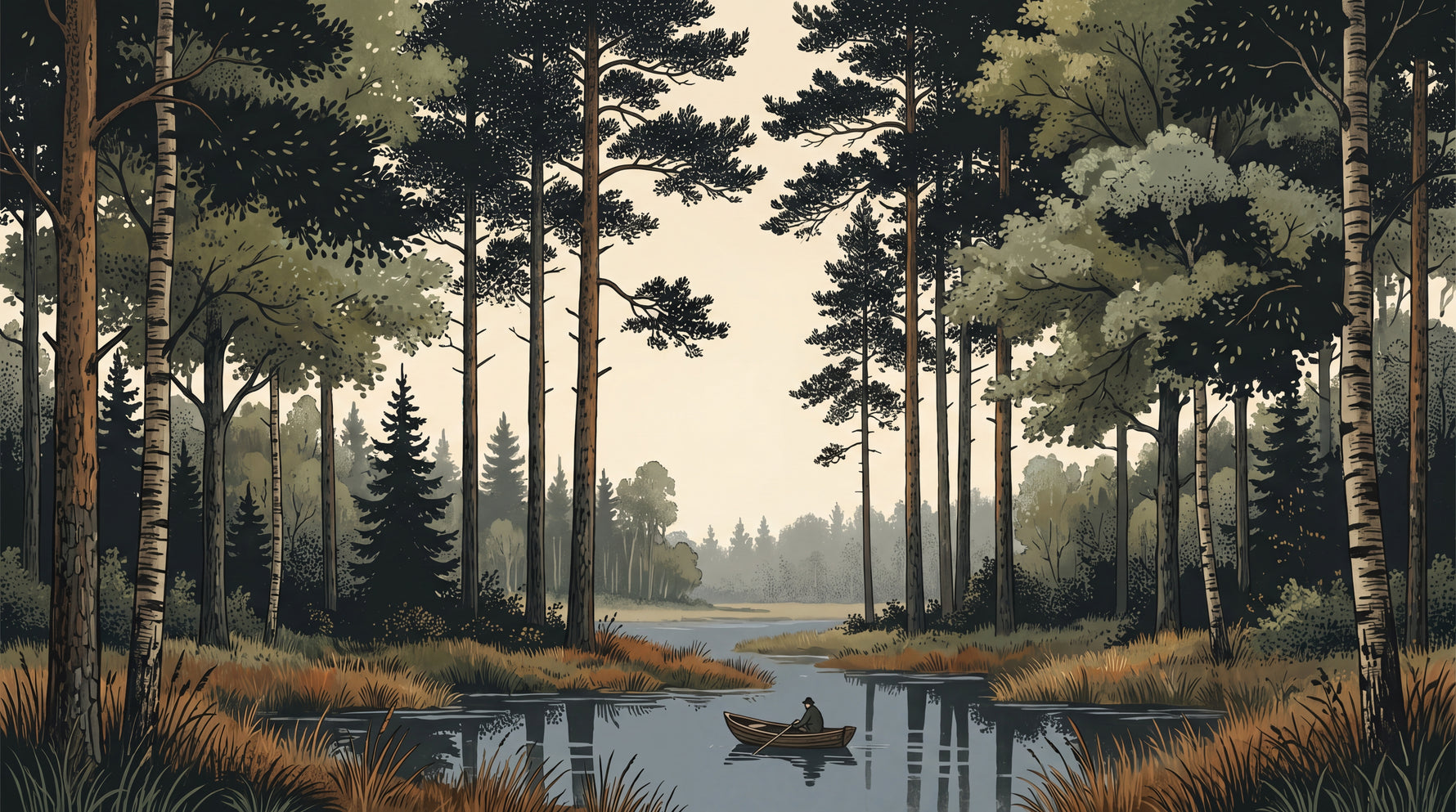 Rowboat Lakeside Green Forest Wallpaper - Woodland Scenery Landscape Peel and Stick Wall Mural - Design