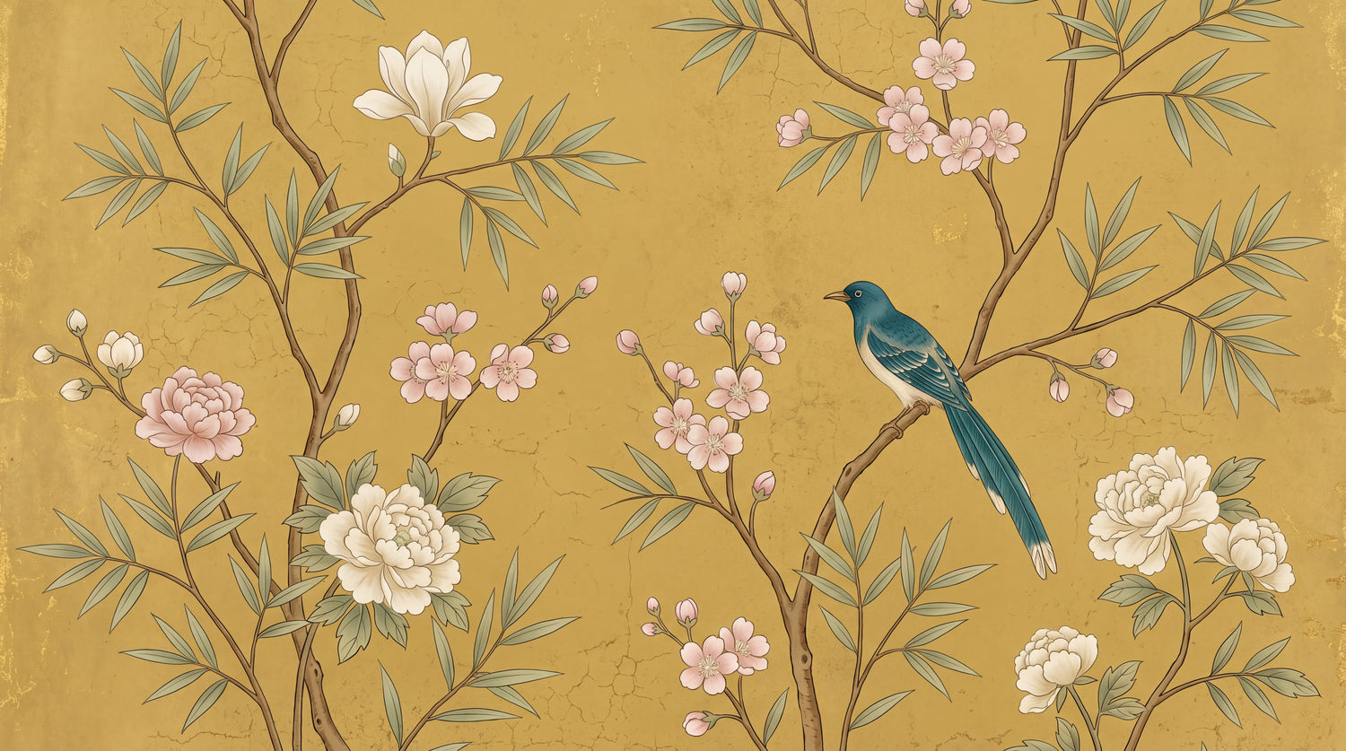 Saffron Perch Yellow Chinoiserie Wallpaper - Cherry Blossom Magnolia Bird Floral Vintage Botanical Peel and Stick Wall Mural - Design
