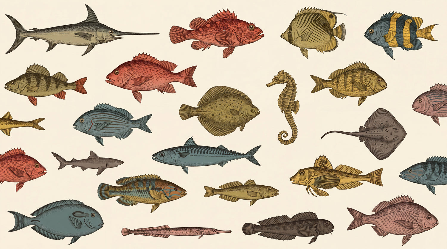Saltwater Atlas Beige Fish Wallpaper - Vintage Ocean Wallpaper Animal Sea Peel and Stick Wall Mural - Design