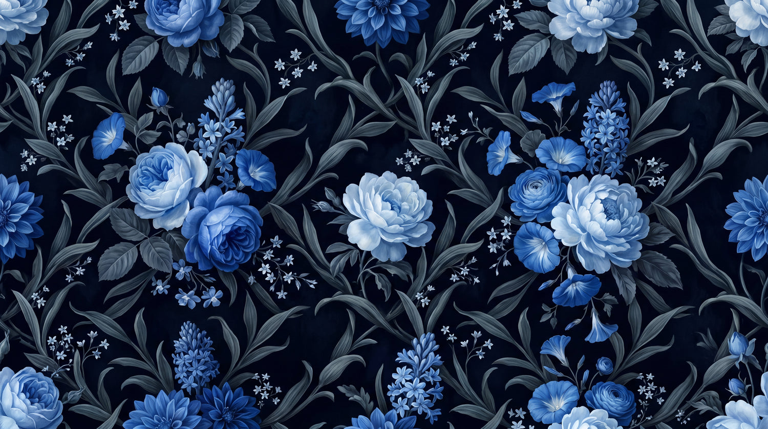 Sapphire Nocturne Blue Floral Wallpaper - Dark Navy Rose Damask Vintage Flower Peel and Stick Mural - Design