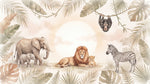 Savanna Hush Beige Jungle Wallpaper - Tropical Lion Elephant Monkey Palm Tree Peel and Stick Wall Mural - Design