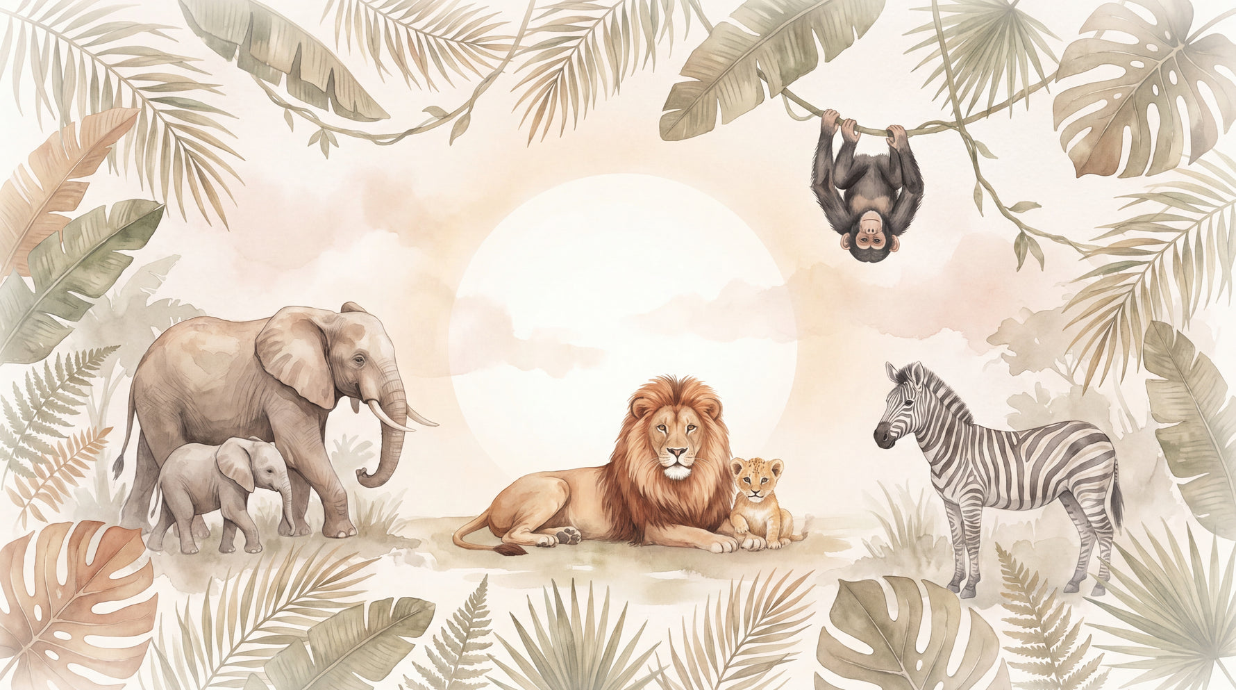 Savanna Hush Beige Jungle Wallpaper - Tropical Lion Elephant Monkey Palm Tree Peel and Stick Wall Mural - Design
