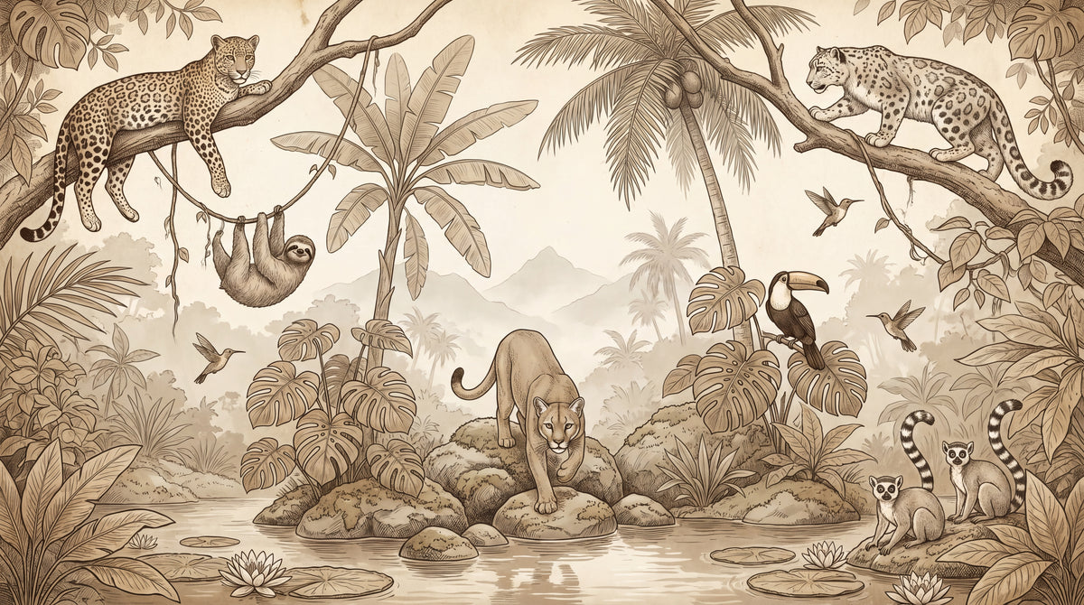 Sepia Wilderness Beige Jungle Wallpaper - Tropical Palm Tree Wall Mural Peel and Stick - Design