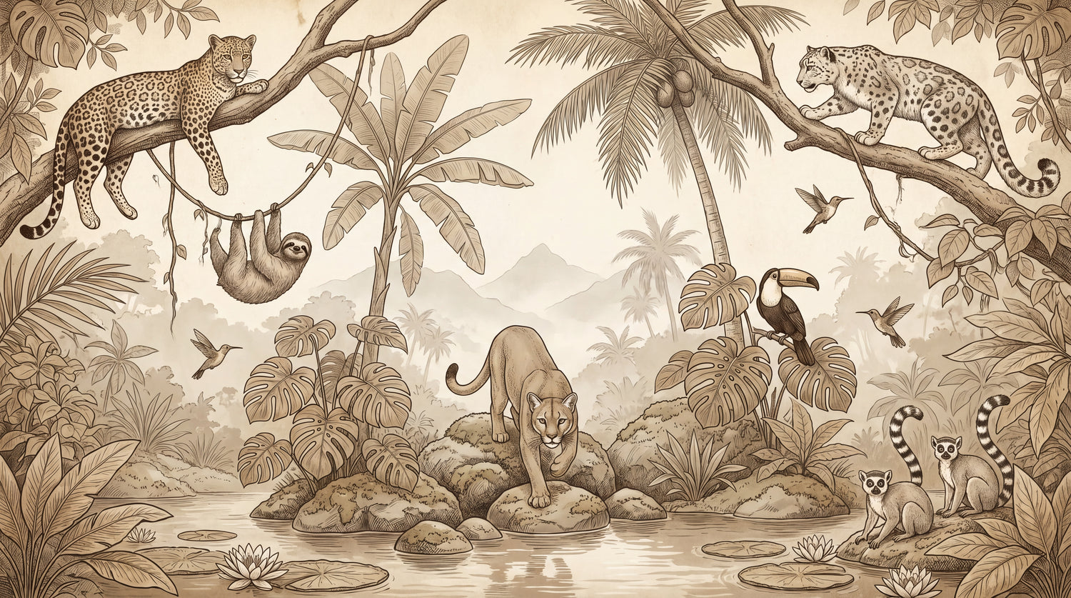 Sepia Wilderness Beige Jungle Wallpaper - Tropical Palm Tree Wall Mural Peel and Stick - Design