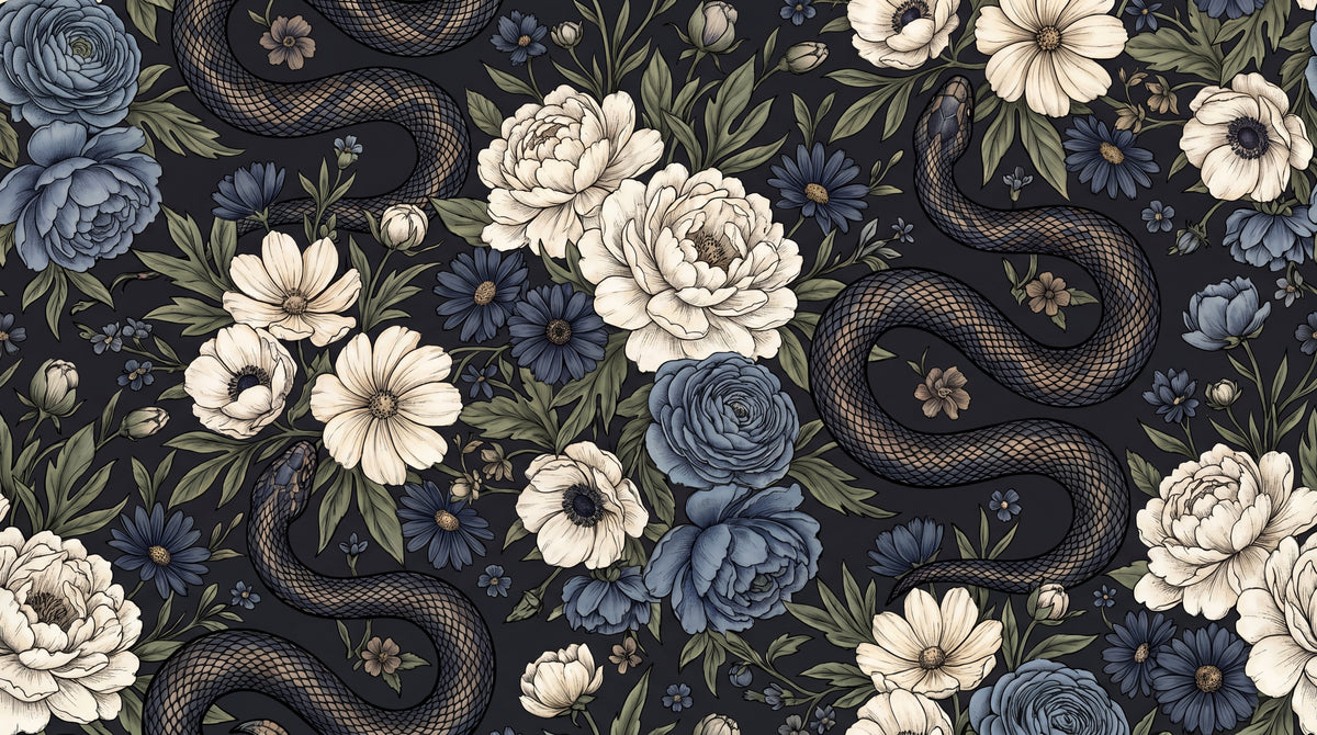 Serpent Verse Dark Floral Wallpaper - Navy Blue Gothic Vintage Peel and Stick Wall Mural - Design