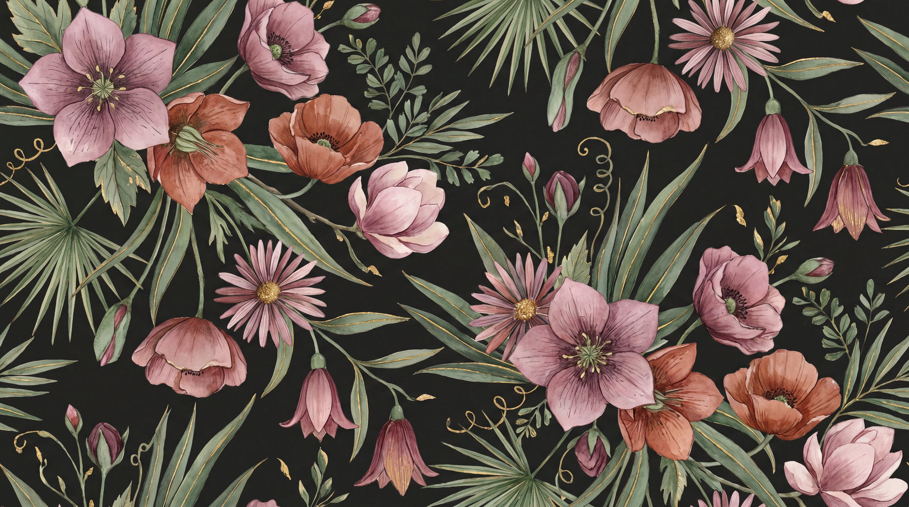 Shadowed Conservatory Dark Floral Wallpaper - Black Vintage Flower Daisy Magnolia Peel and Stick Mural - Design