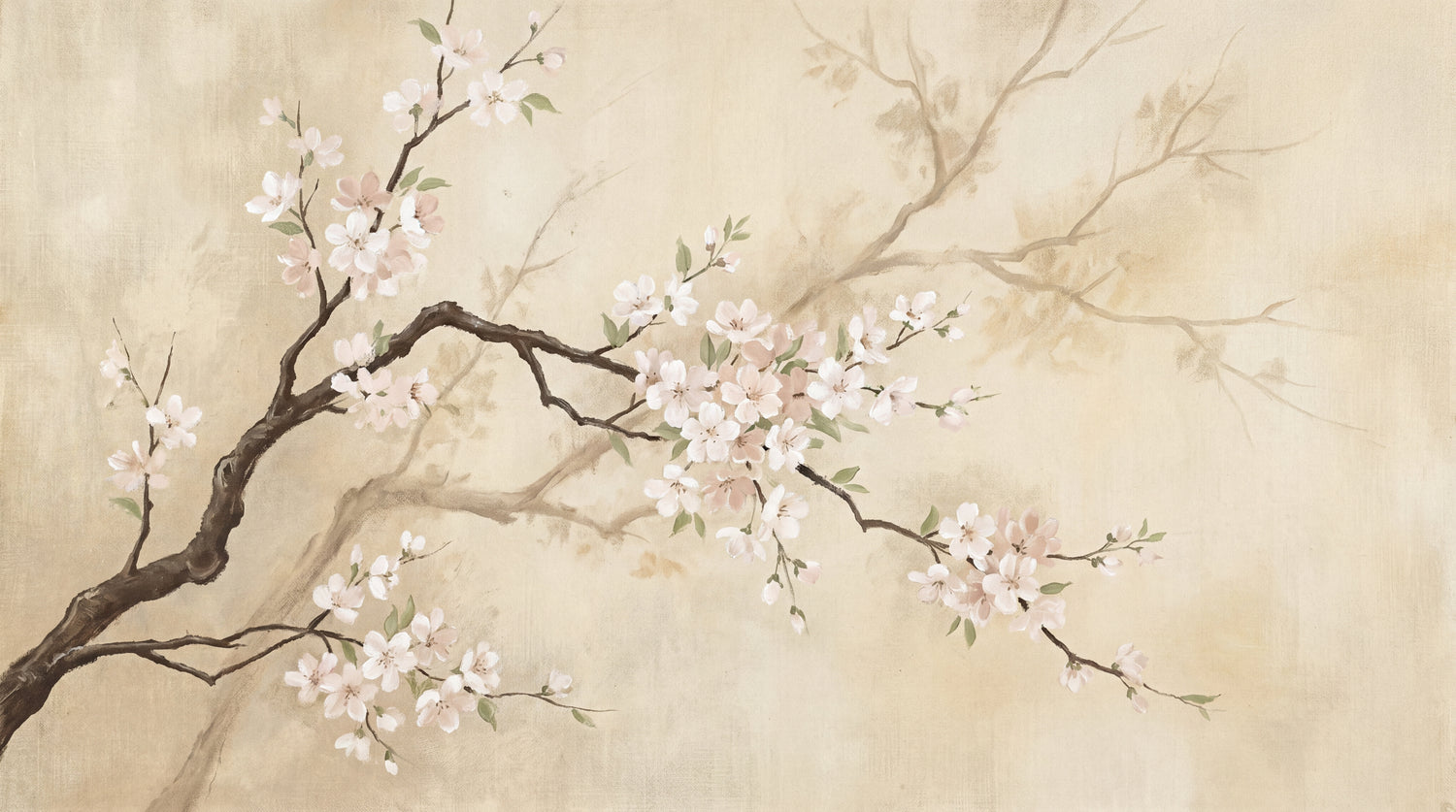Silent Bloom - Beige Cherry Blossom Wallpaper - Chinoiserie Japanese Vintage Floral Peel and Stick Wall Mural - Design