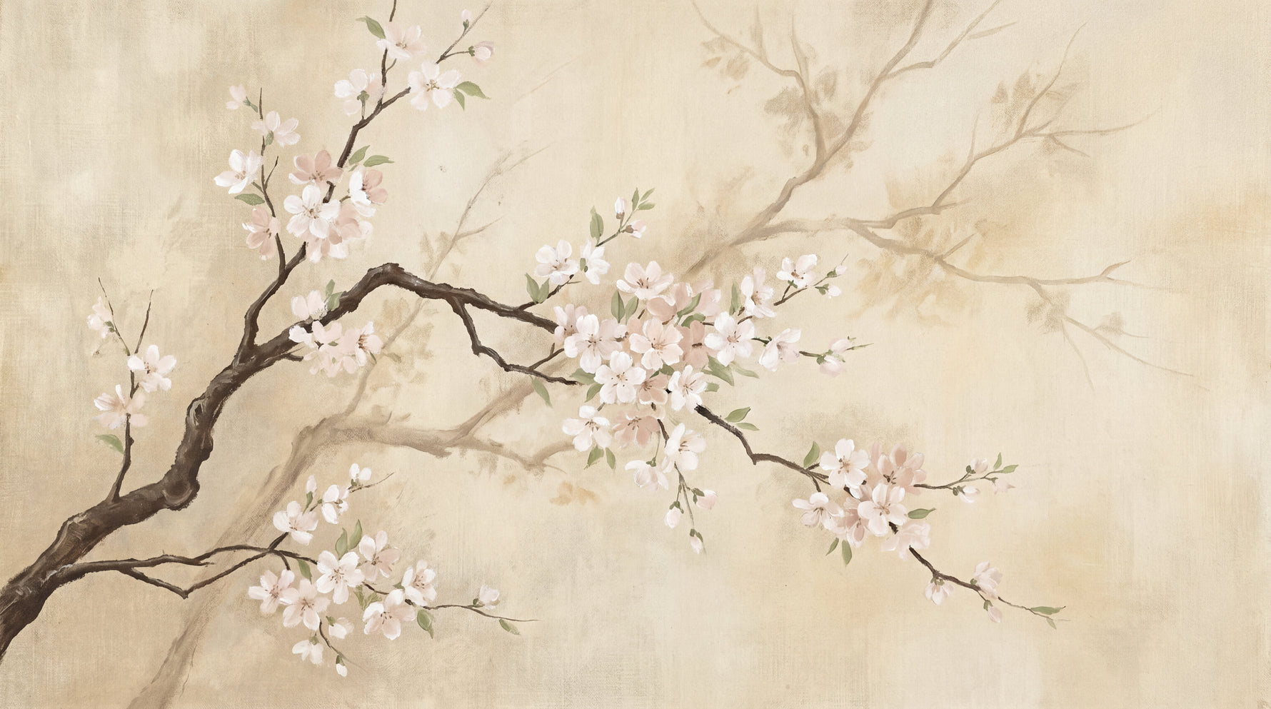 Silent Bloom - Beige Cherry Blossom Wallpaper - Chinoiserie Japanese Vintage Floral Peel and Stick Wall Mural - Design