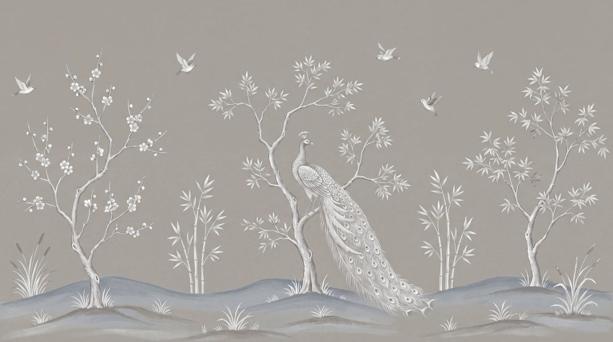 Silent Plumage - Gray Chinoiserie Wallpaper Peacock Wall Mural - Art Deco Feather Peel and Stick - Design