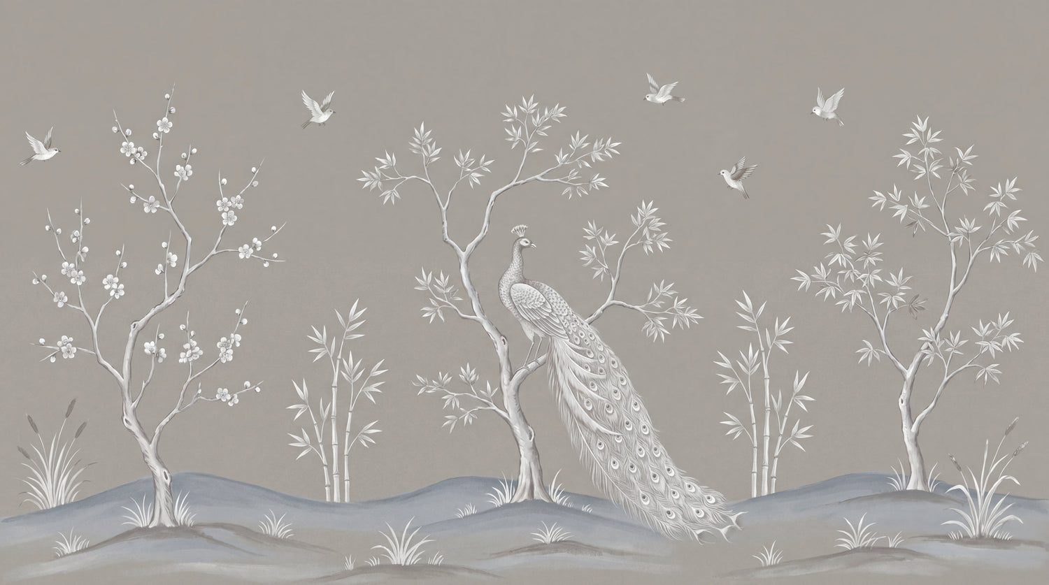 Silent Plumage - Gray Chinoiserie Wallpaper Peacock Wall Mural - Art Deco Feather Peel and Stick - Design