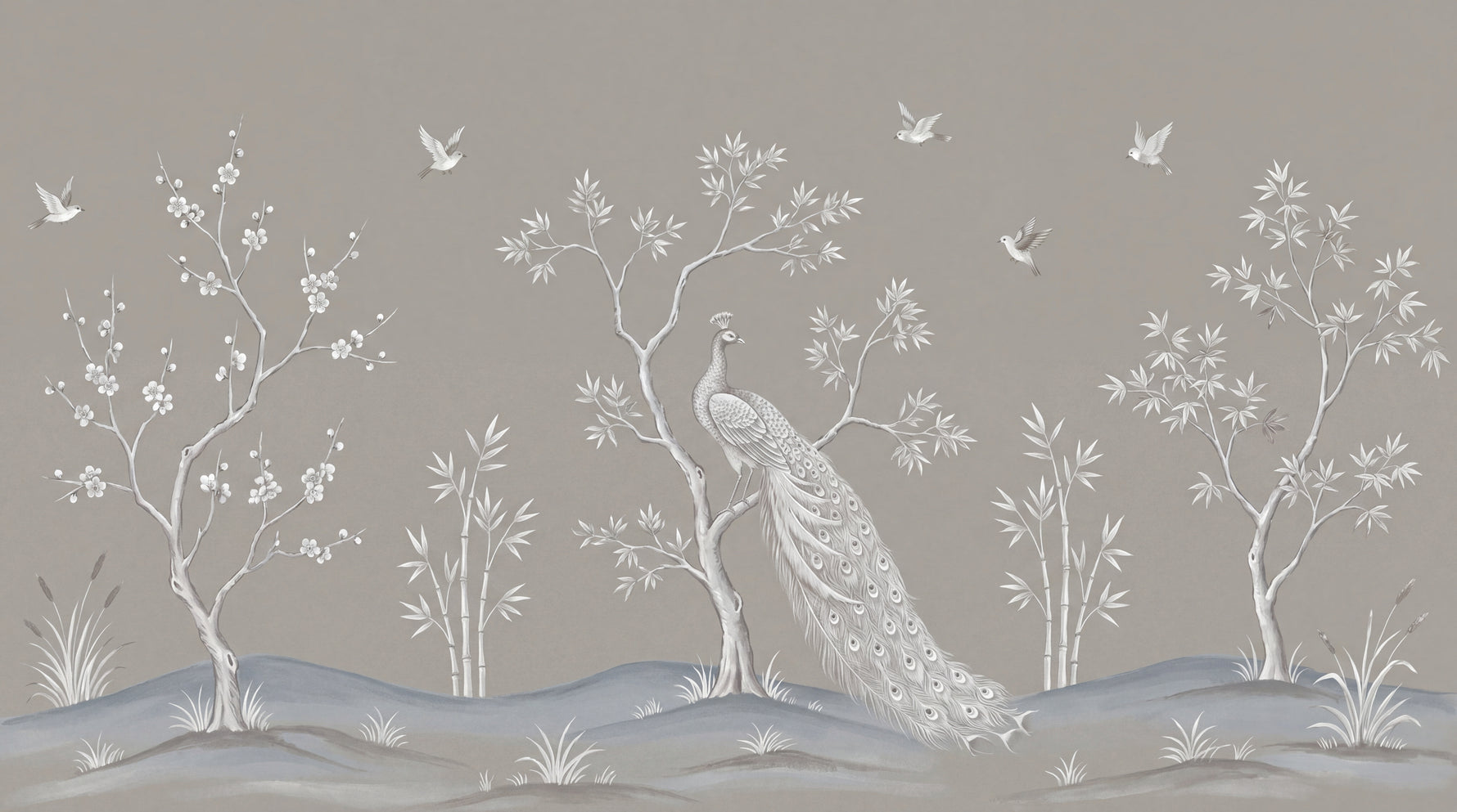 Silent Plumage - Gray Chinoiserie Wallpaper Peacock Wall Mural - Art Deco Feather Peel and Stick - Design