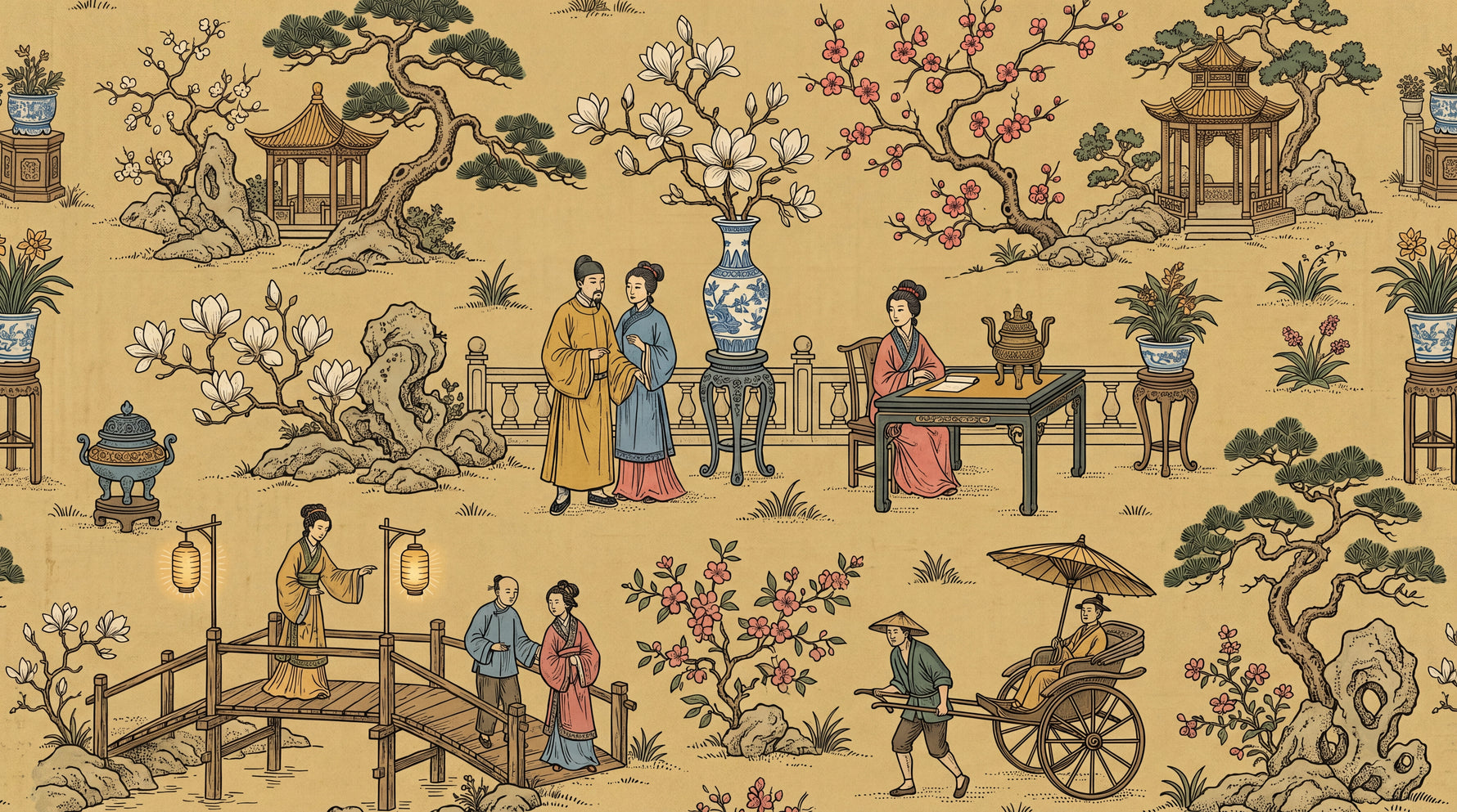 Silk Lantern Tales Yellow Chinoiserie Wallpaper - Japanese Magnolia Wall Mural Peel and Stick - Design