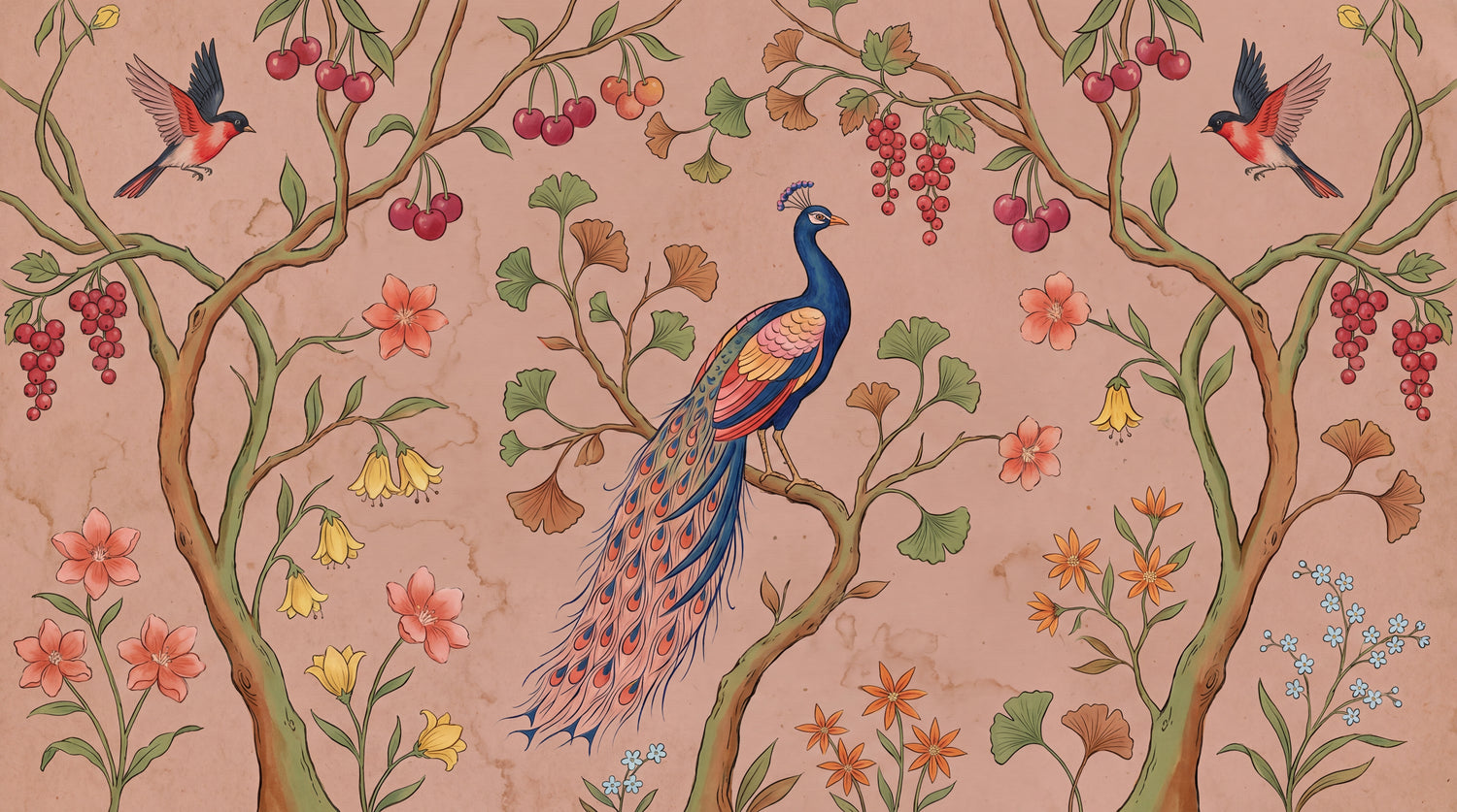 Silken Orchard Pink Peacock Wallpaper - Chinoiserie Botanical Vintage Peel and Stick Wall Mural - Design