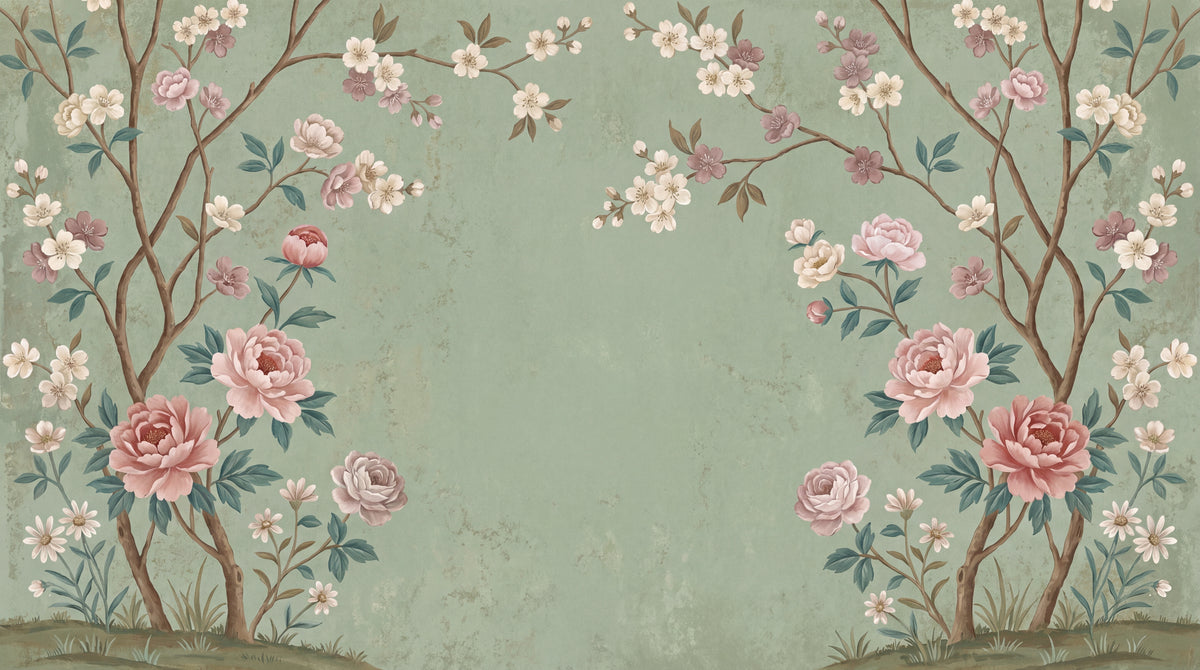 Silken Petalfall Green Floral Wallpaper - Sage Cherry Blossom Vintage Rose Wall Mural Peel and Stick - Design