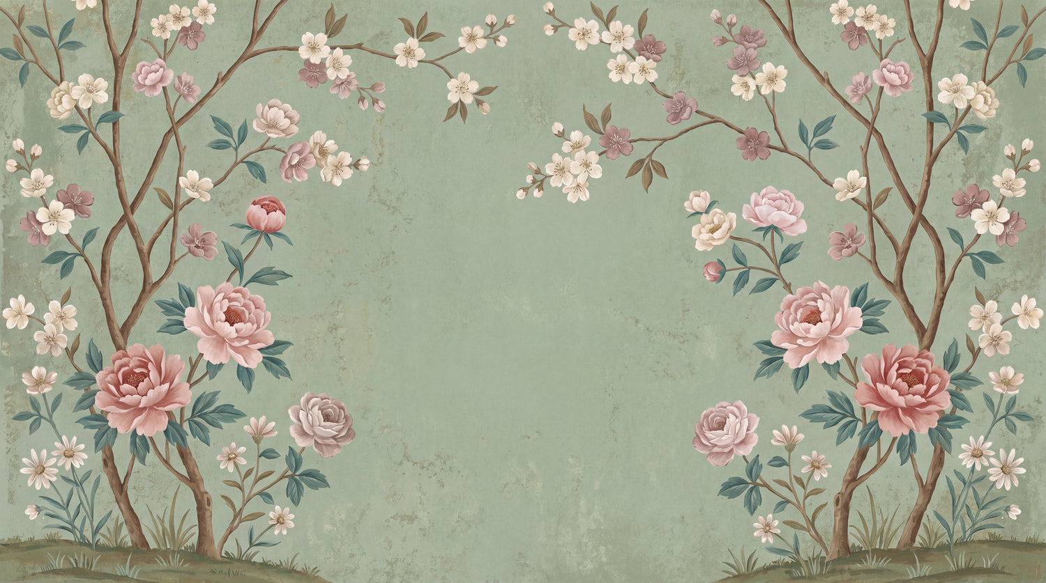 Silken Petalfall Green Floral Wallpaper - Sage Cherry Blossom Vintage Rose Wall Mural Peel and Stick - Design