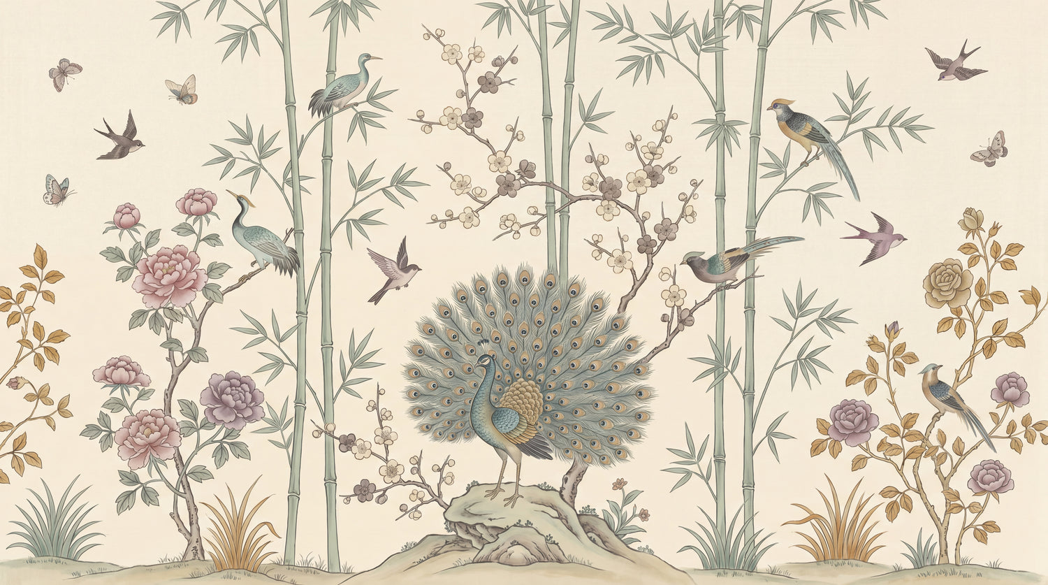 Silken Plume Beige Chinoiserie Wallpaper - Peacock Cherry Blossom Vintage Floral Peel and Stick Mural - Design