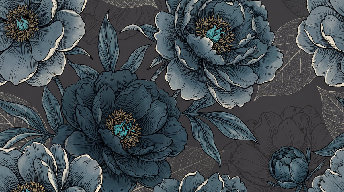 Slate Peony Blue Floral Wallpaper - Dark Blue Teal Flower Peel and Stick Wall Mural - Design
